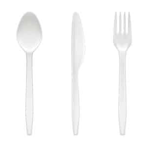 Combo Cubiertos Cuchillosm Tenedores y Cucharas de Plástico Descartables Blancos Reforzados